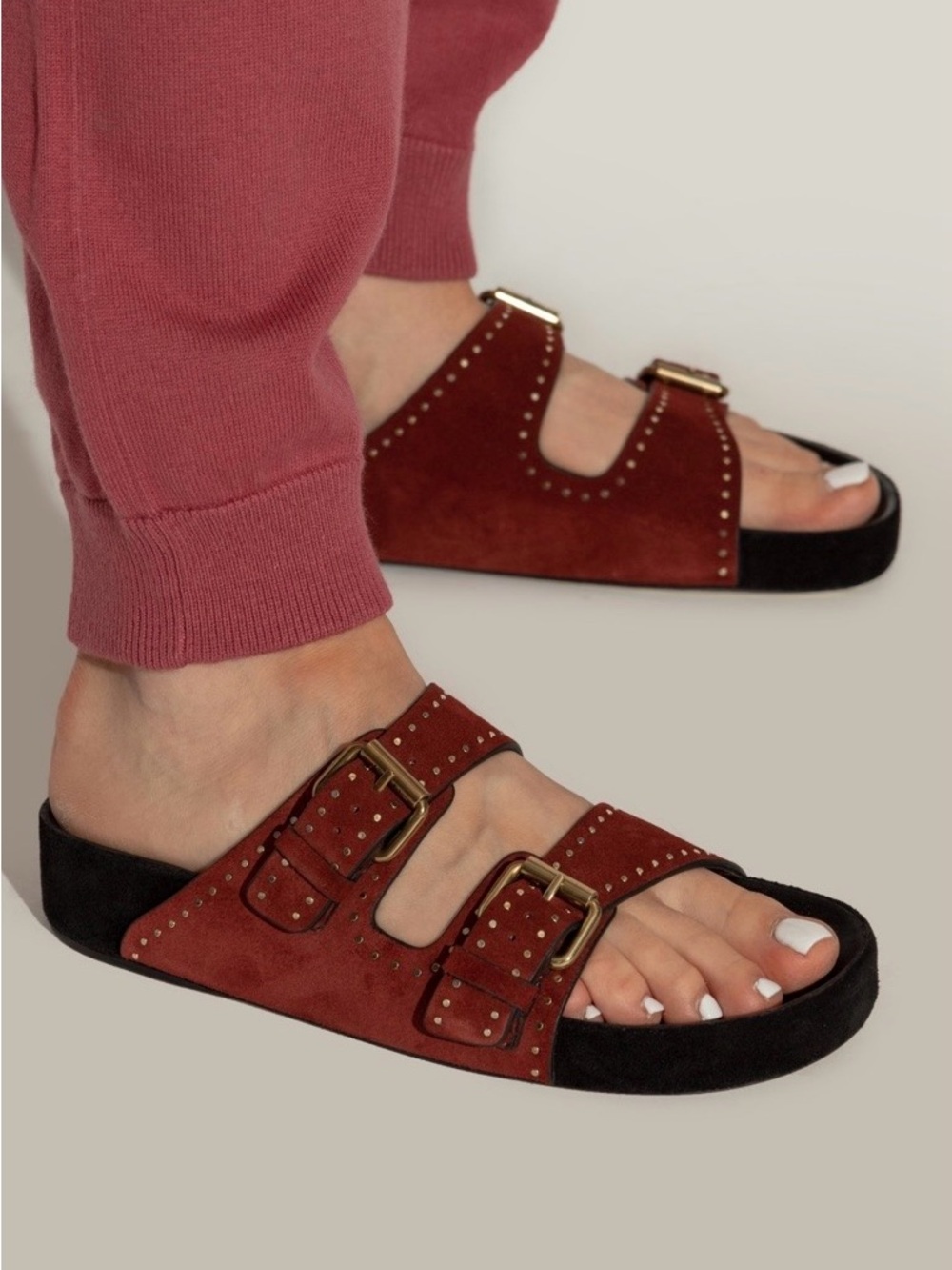 Isabel Marant Lennyo Studded Burgundy Suede Double Buckle Slide Sandals EU 40